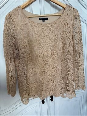 Adrianna Papell Pink/Nude Floral Lace Top 3/4 Sleeve Elegant Coquette Top Size L